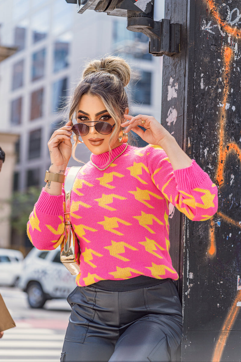Blusa Feminina Manga Longa Pied Poule Gola Redonda (FRIDA)