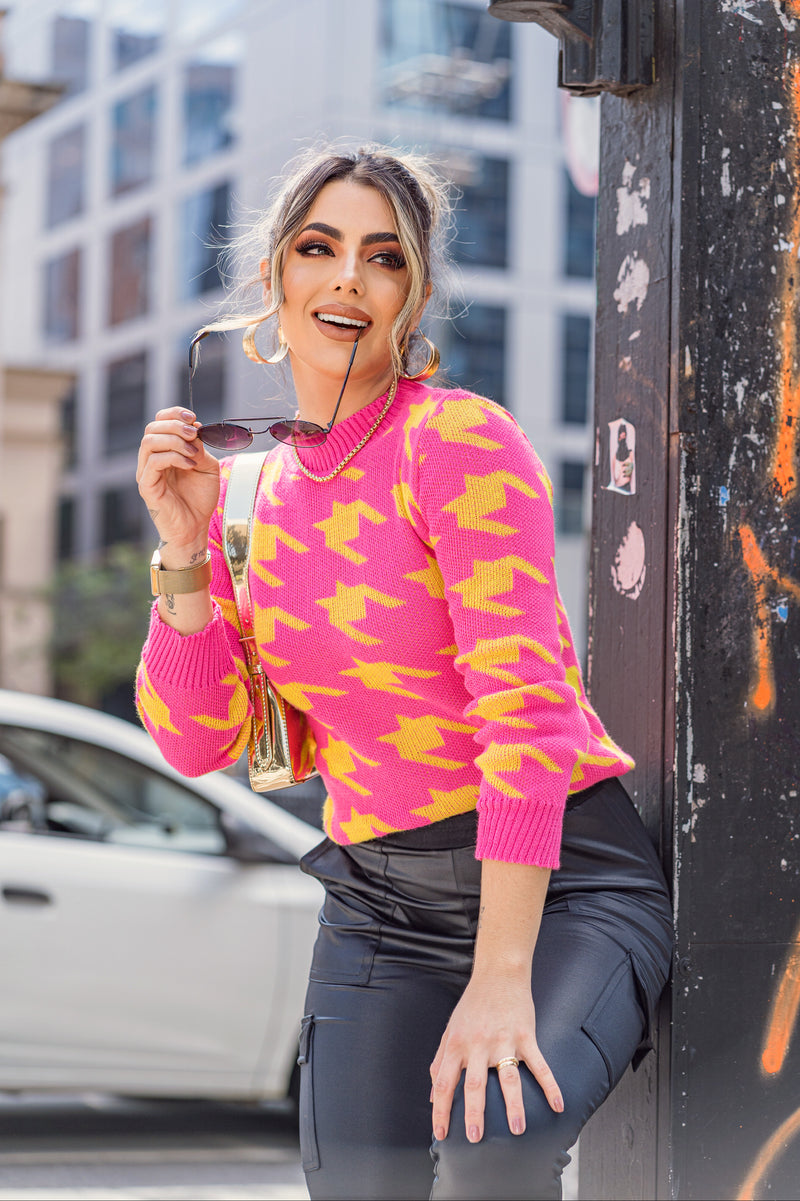 Blusa Feminina Manga Longa Pied Poule Gola Redonda (FRIDA)
