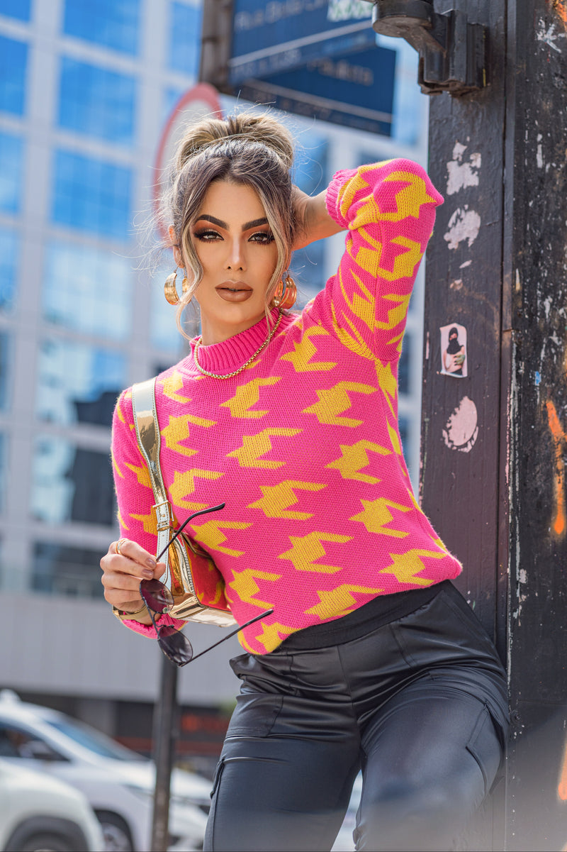 Blusa Feminina Manga Longa Pied Poule Gola Redonda (FRIDA)
