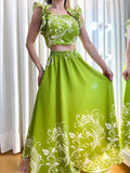 Conjunto Feminino Cropped Alça Babado e Saia Longa Estampado Charlene Ref. 1172